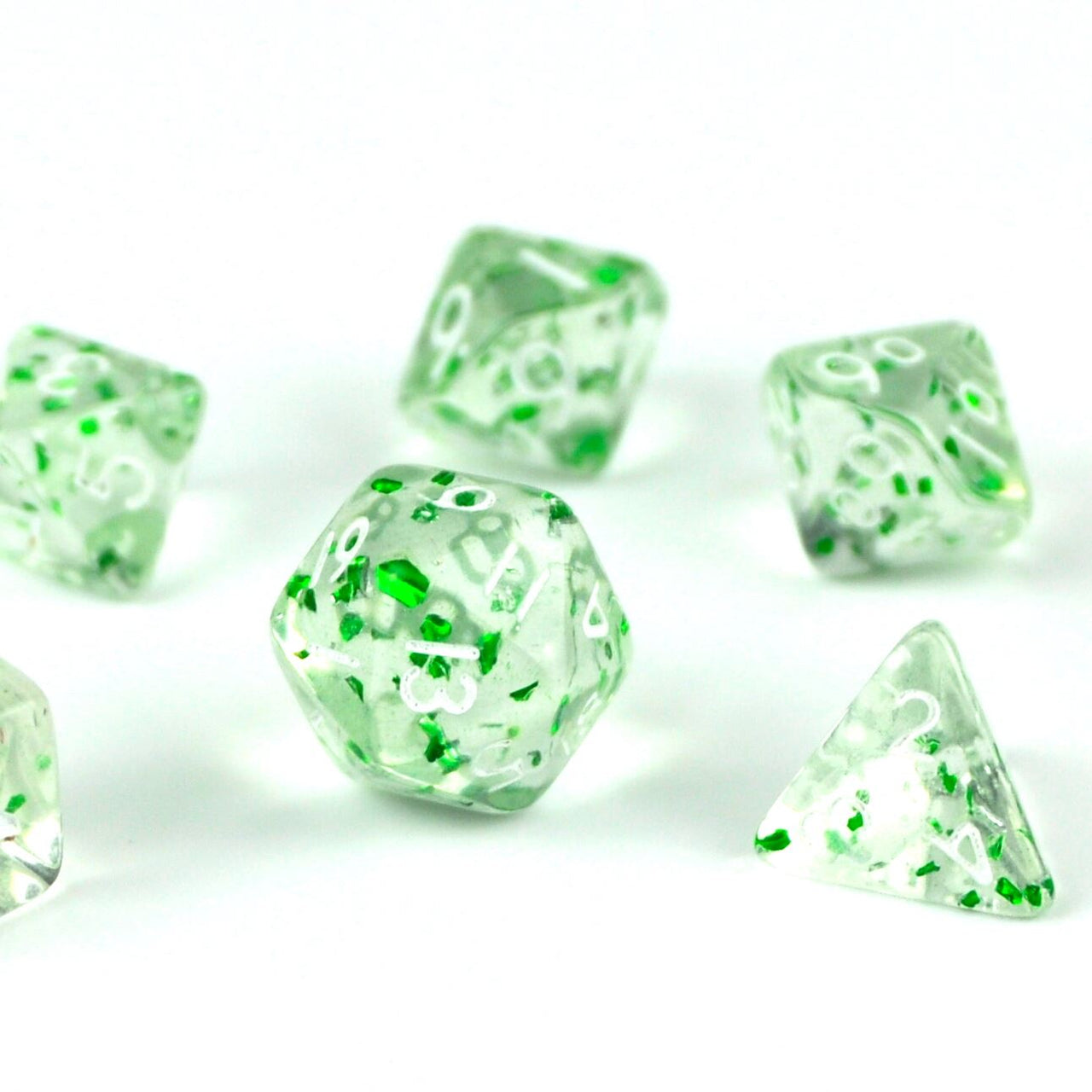 Glitter in Clear & Green Acrylic - 7pcs RPG Mini Dice Set