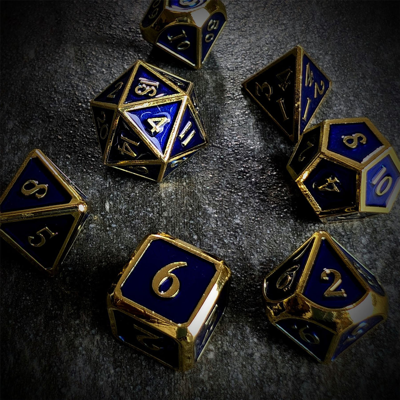 Blue Enamel in Gold Metal - 7pcs RPG Dice Set