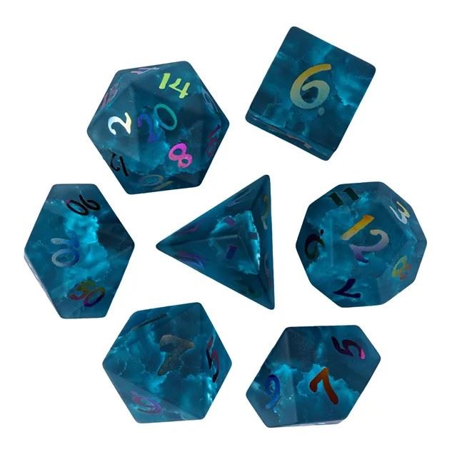 Cracked & Frosted Blue Glass - 7pcs RPG Dice Set