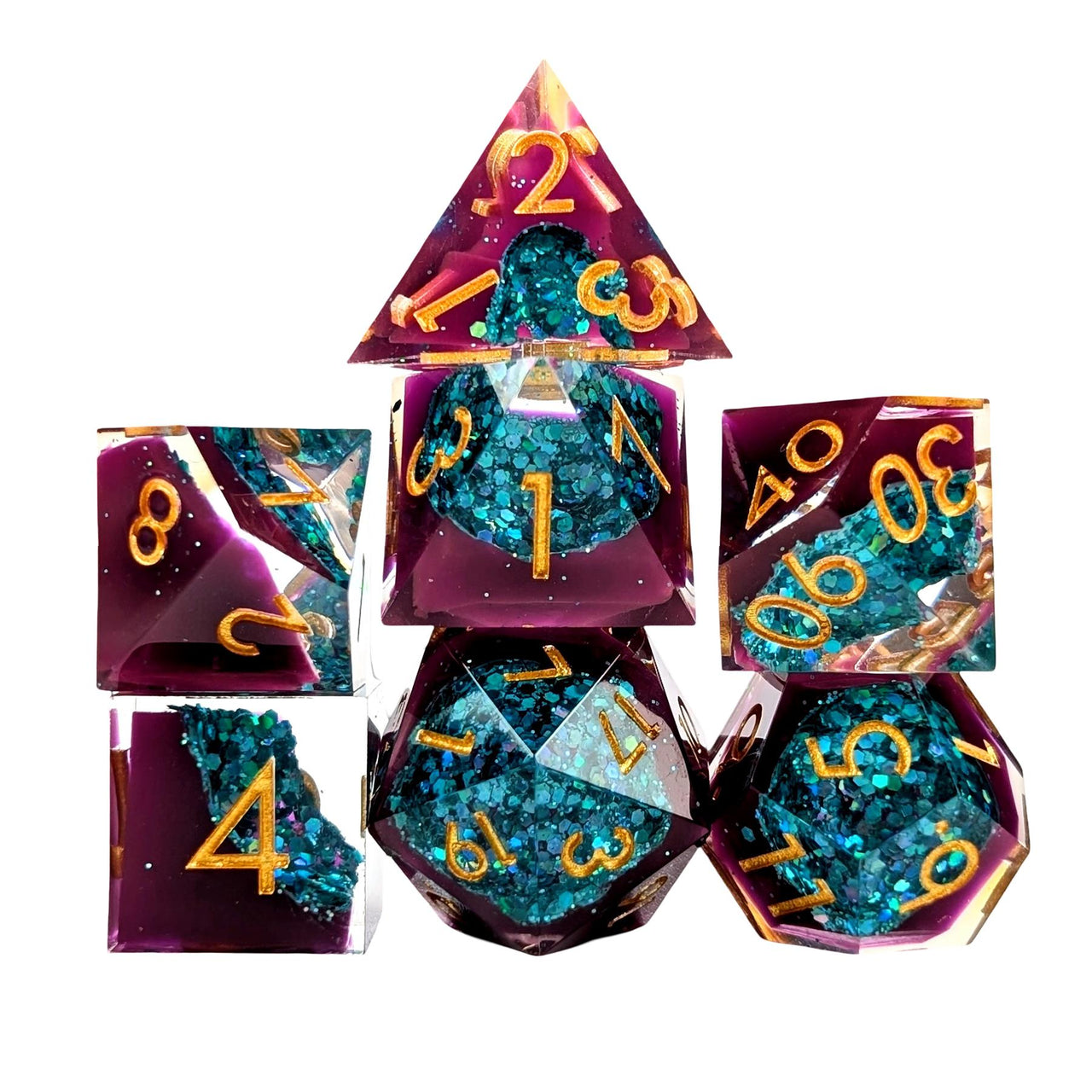 7pcs Dice Sharp Filled Gold Font Glitter Pool Purple