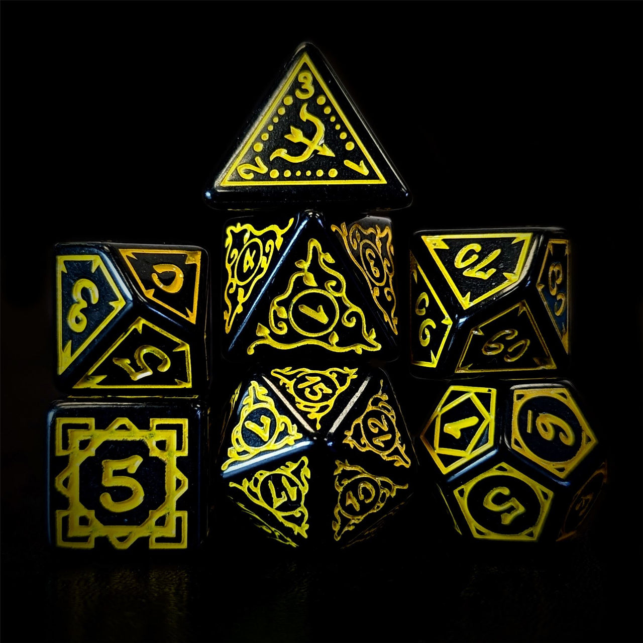 Yellow Vines on Black Acrylic - 7pcs RPG Full Dice Set Dark Stack