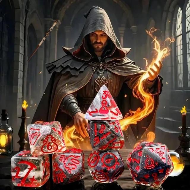 7pcs Dice Resin Pattern Wizard Red Font Clear Grey