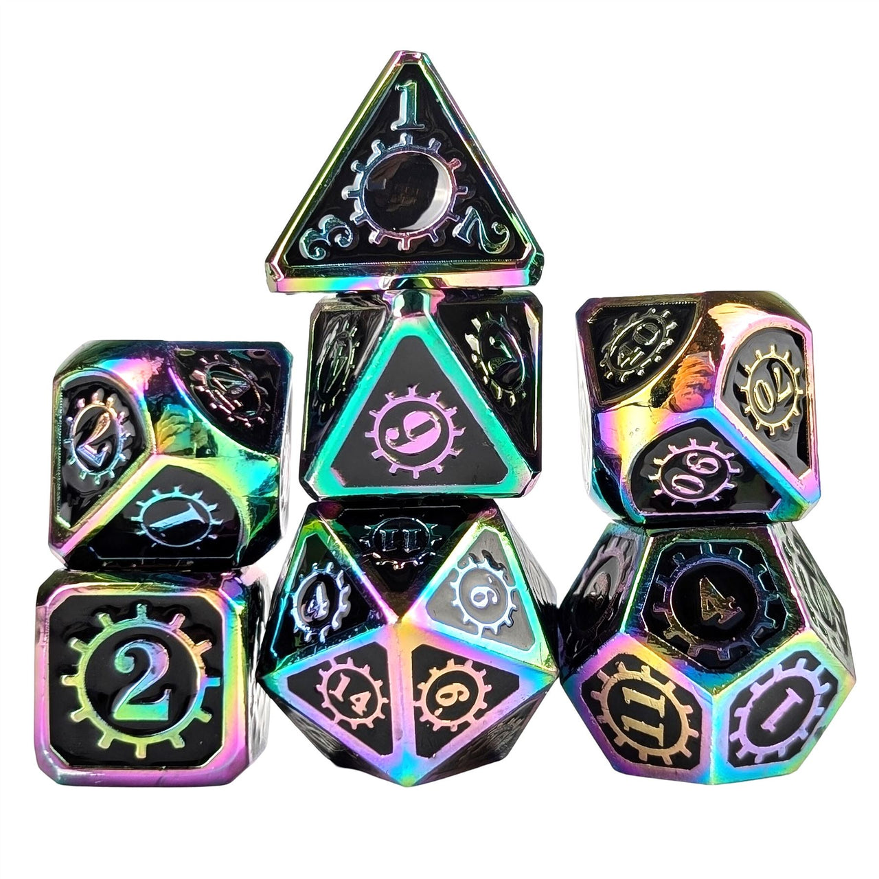 Gear in Black Enamel Rainbow Metal - 7pcs RPG Dice Set