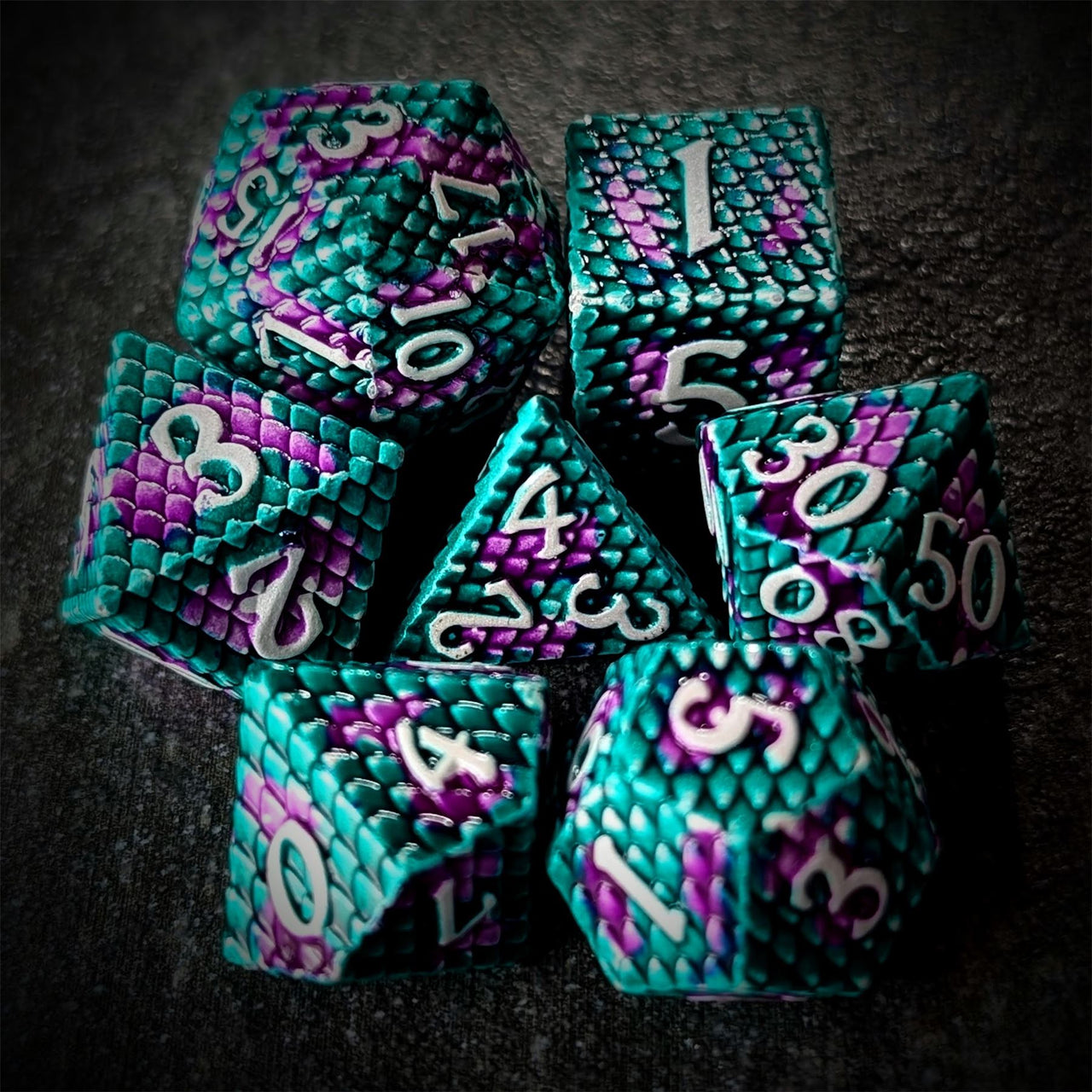 Green & Purple Dragon Scale Metal - 7pcs RPG Dice Set