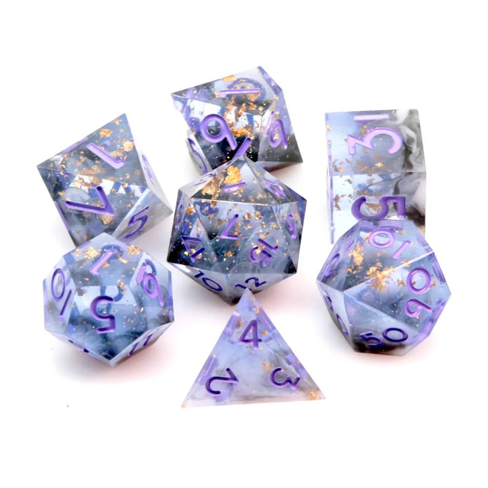 Purple Swirl in Black, White & Clear with Gold Foil Sharp Resin - 7pcs RPG Dice Set