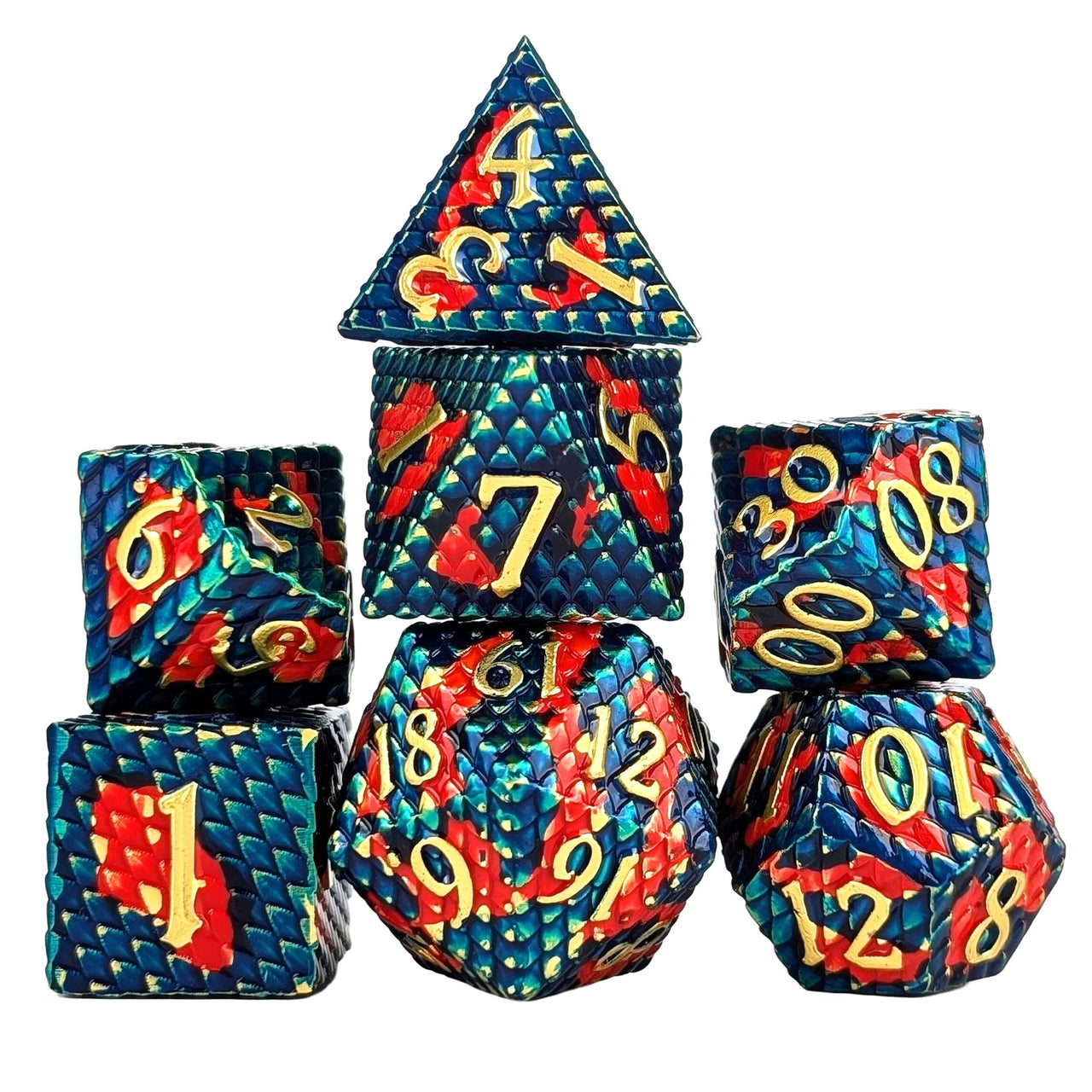 Red & Blue Dragon Scale Metal - 7pcs RPG Dice Set