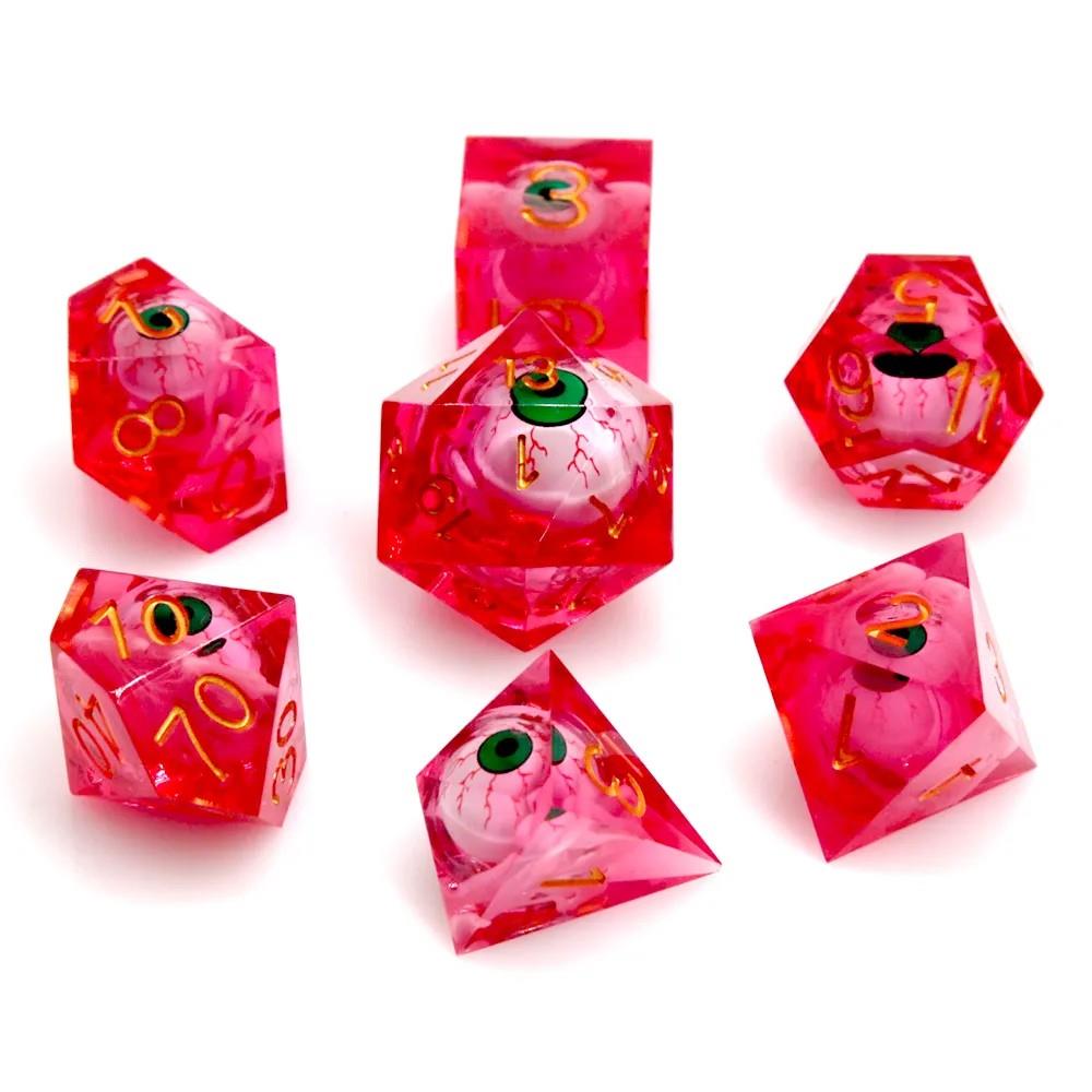 Green Eye Ball in Clear & Red Liquid Filled Sharp Resin - 7pcs RPG Dice Set