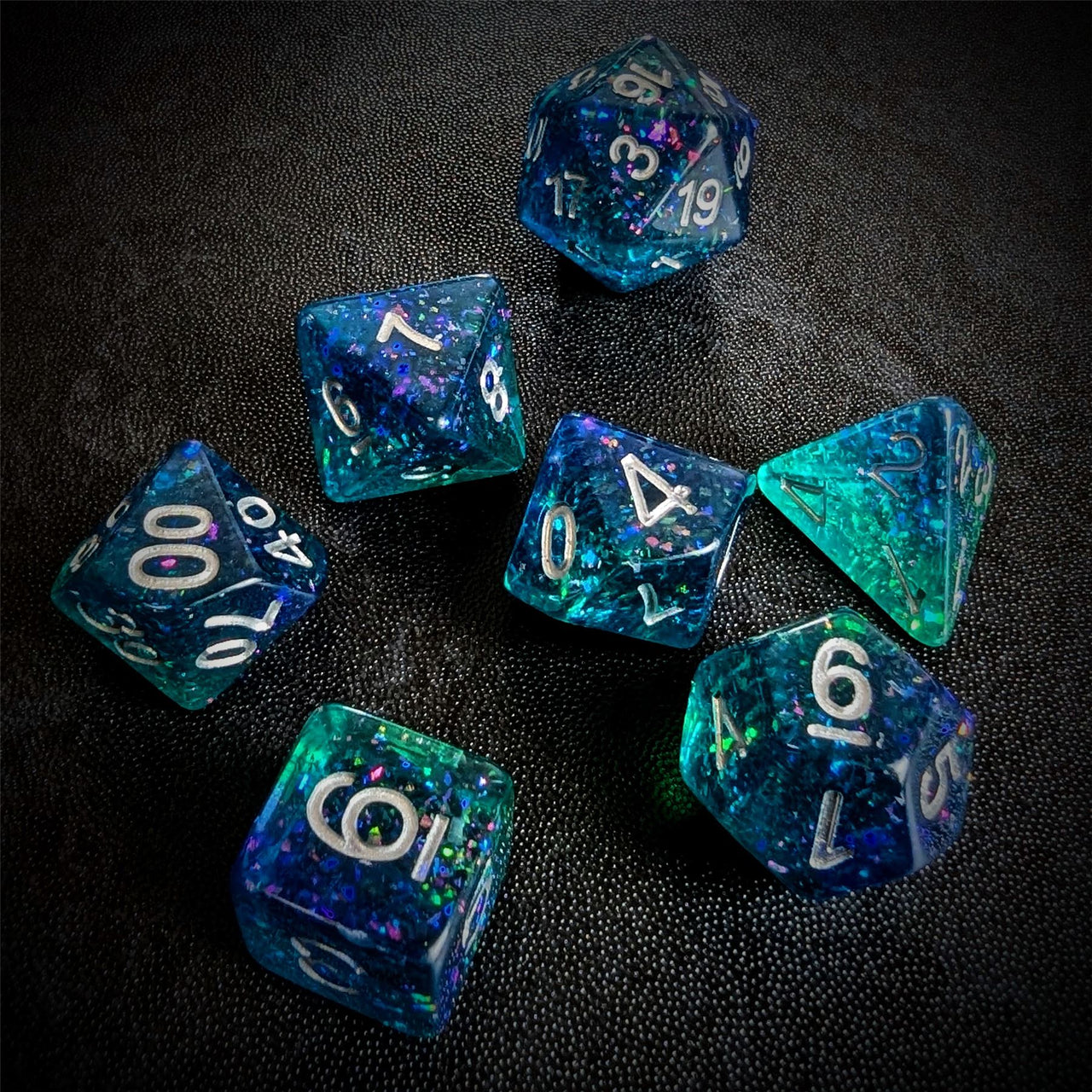 Glitter in Blue & Green Resin - 7pcs RPG Full Dice Set