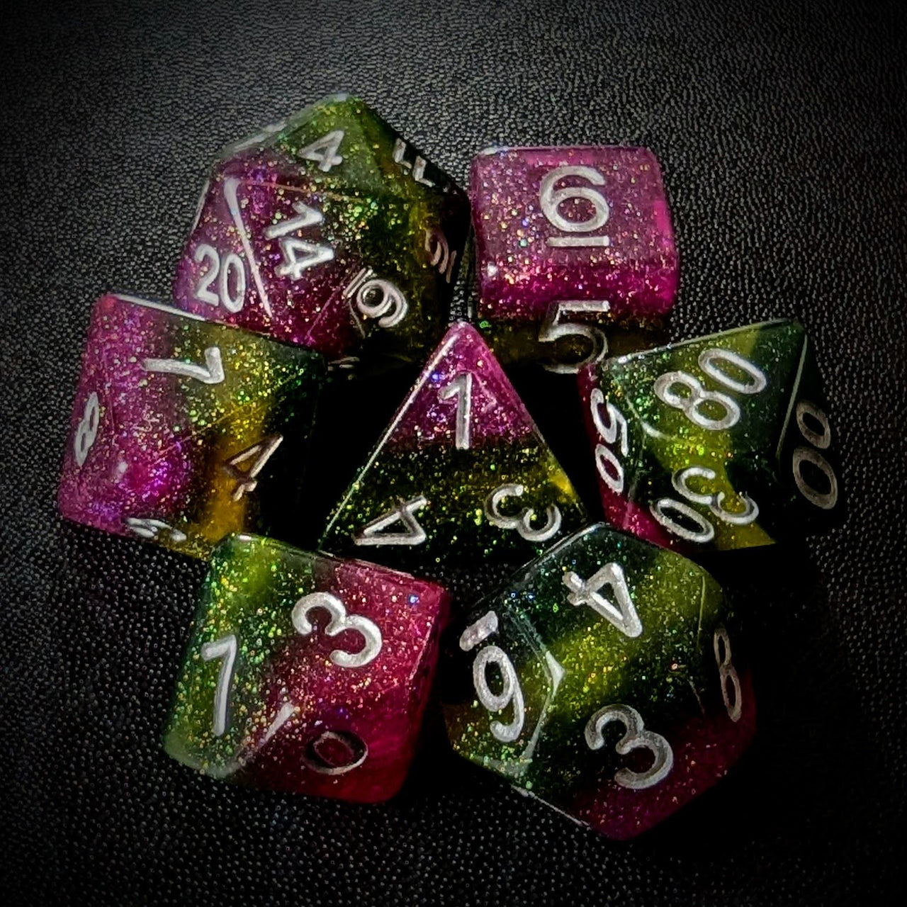 Glitter Purple, Yellow & Green Resin - 7pcs RPG Full Dice Set