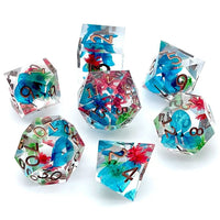 Thumbnail for Red, Blue & Green Flowers in Clear Filled Sharp Resin - 7pcs RPG Dice Set