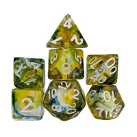 Thumbnail for Yellow & Black with Blue Swirl in Clear Resin - 7pcs RPG Full Dice Set