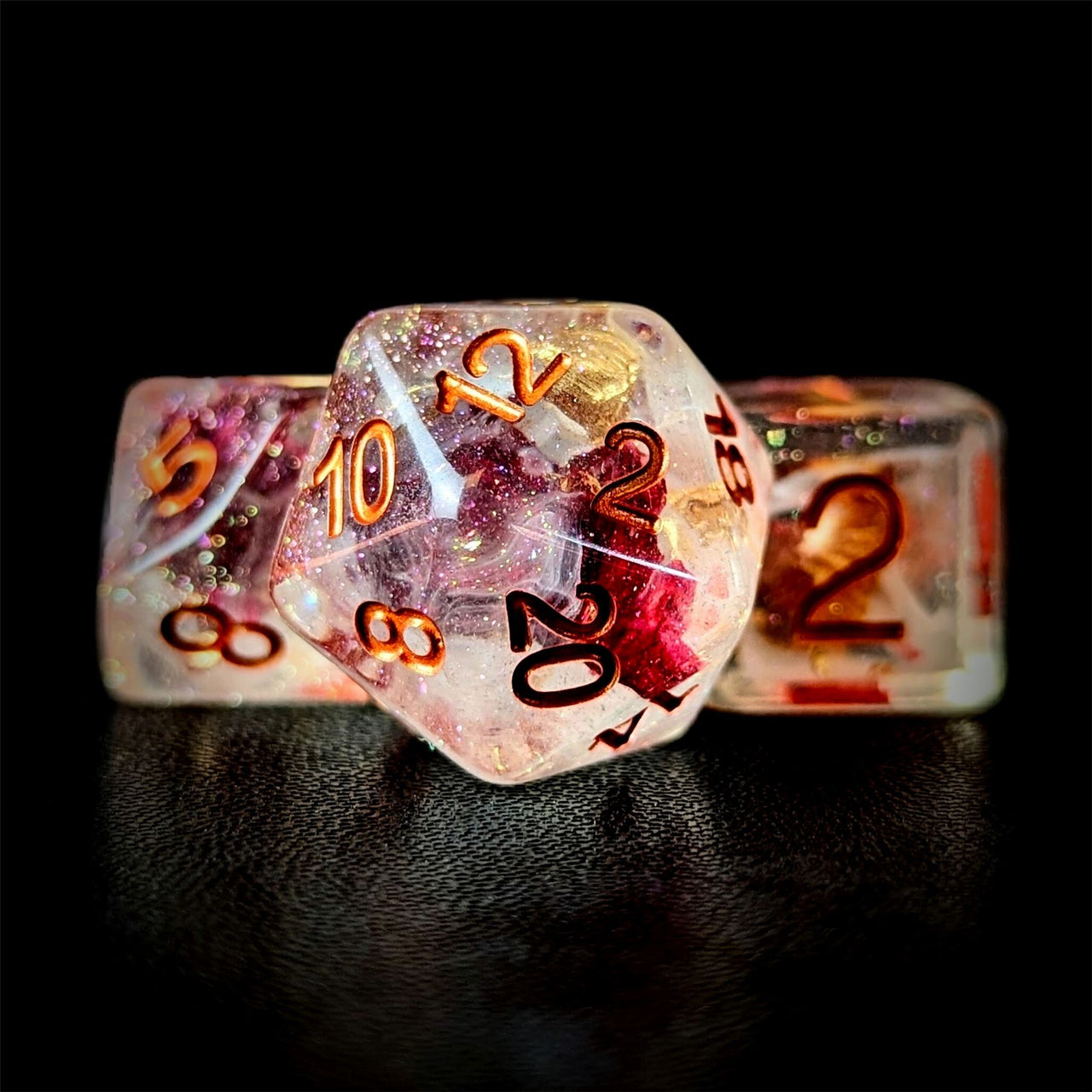 Pink Rose Petal in Clear Resin - 7pcs RPG Full Dice Set