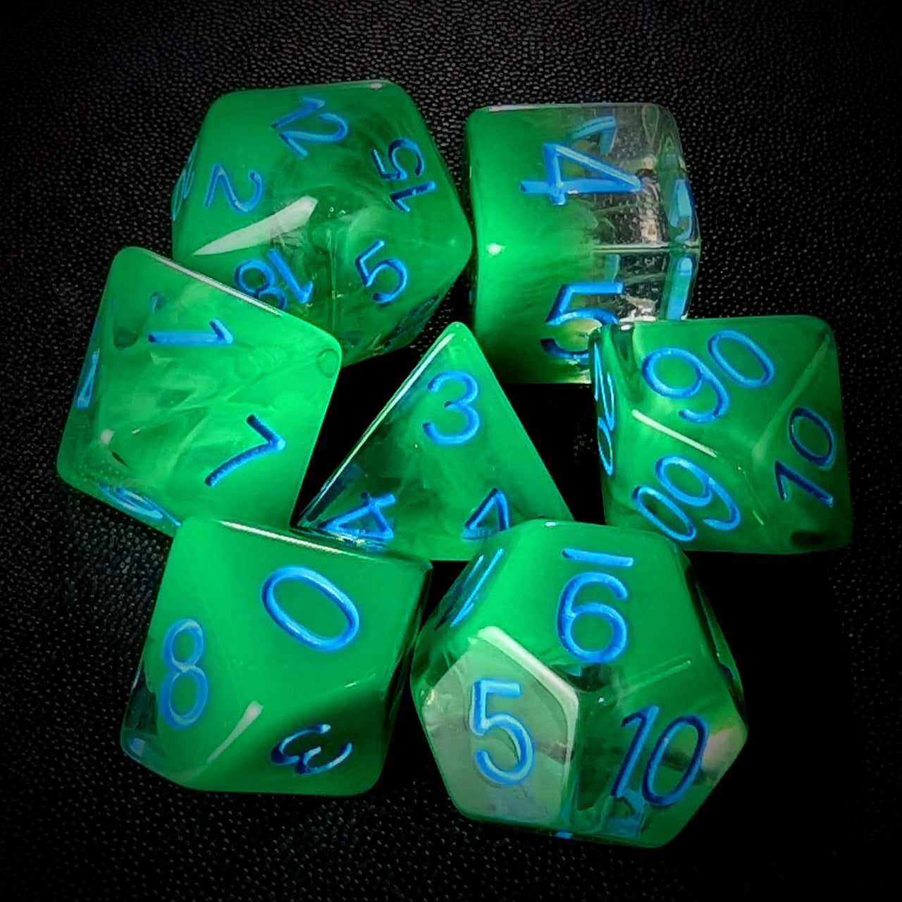 Green Swirl in Clear Resin - 7pcs RPG Full Dice Set