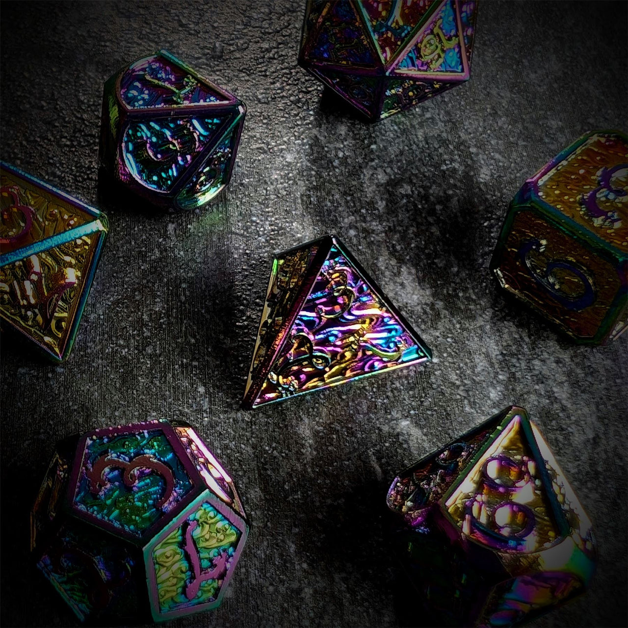 Rainbow Metal with Dragon Font - 7pcs RPG Dice Set