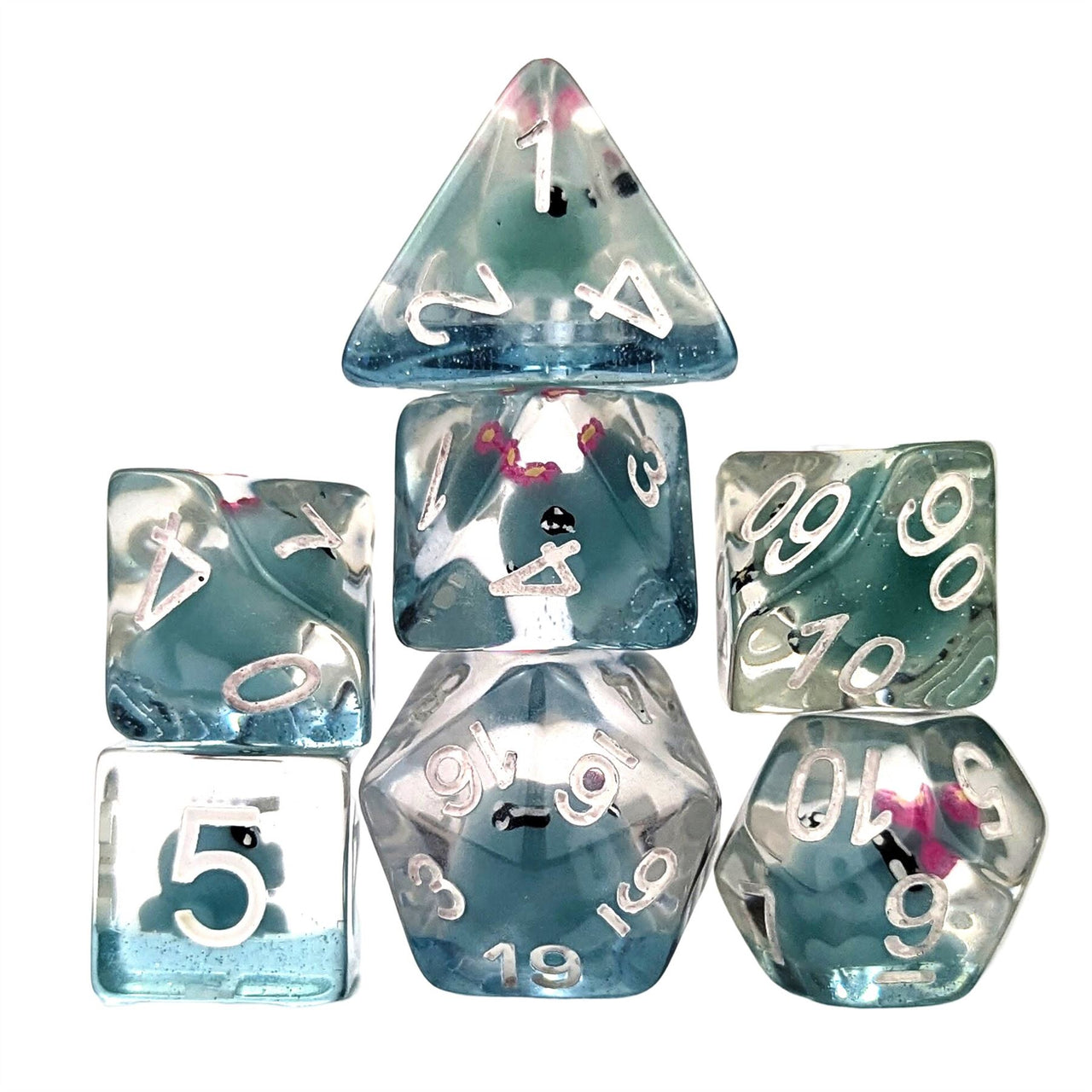 Octopus in Clear & Blue Resin - 7pcs RPG Full Dice Set