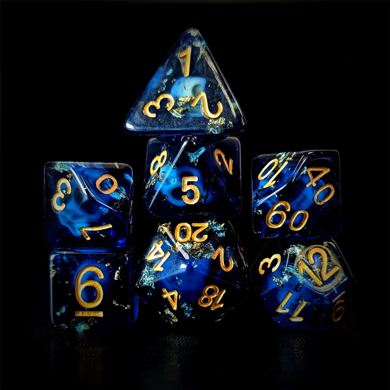 Gold Foil & Skull in Royal Blue Resin - 7pcs RPG Full Dice Set