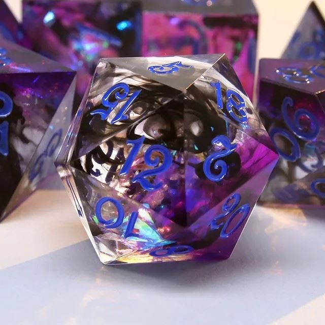 Black Swirl in Purple & Black Sharp Resin - 7pcs RPG Dice Set