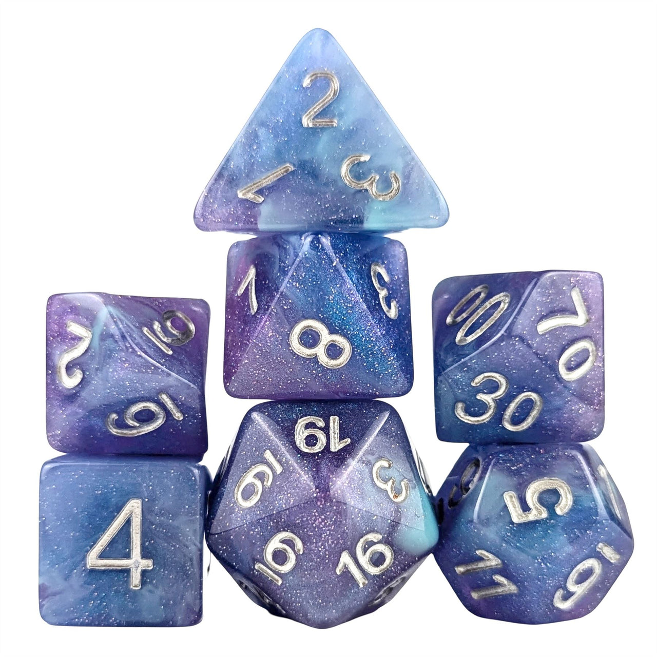 Glitter in Blue & Purple with White Resin - 7pcs RPG Full Dice Set