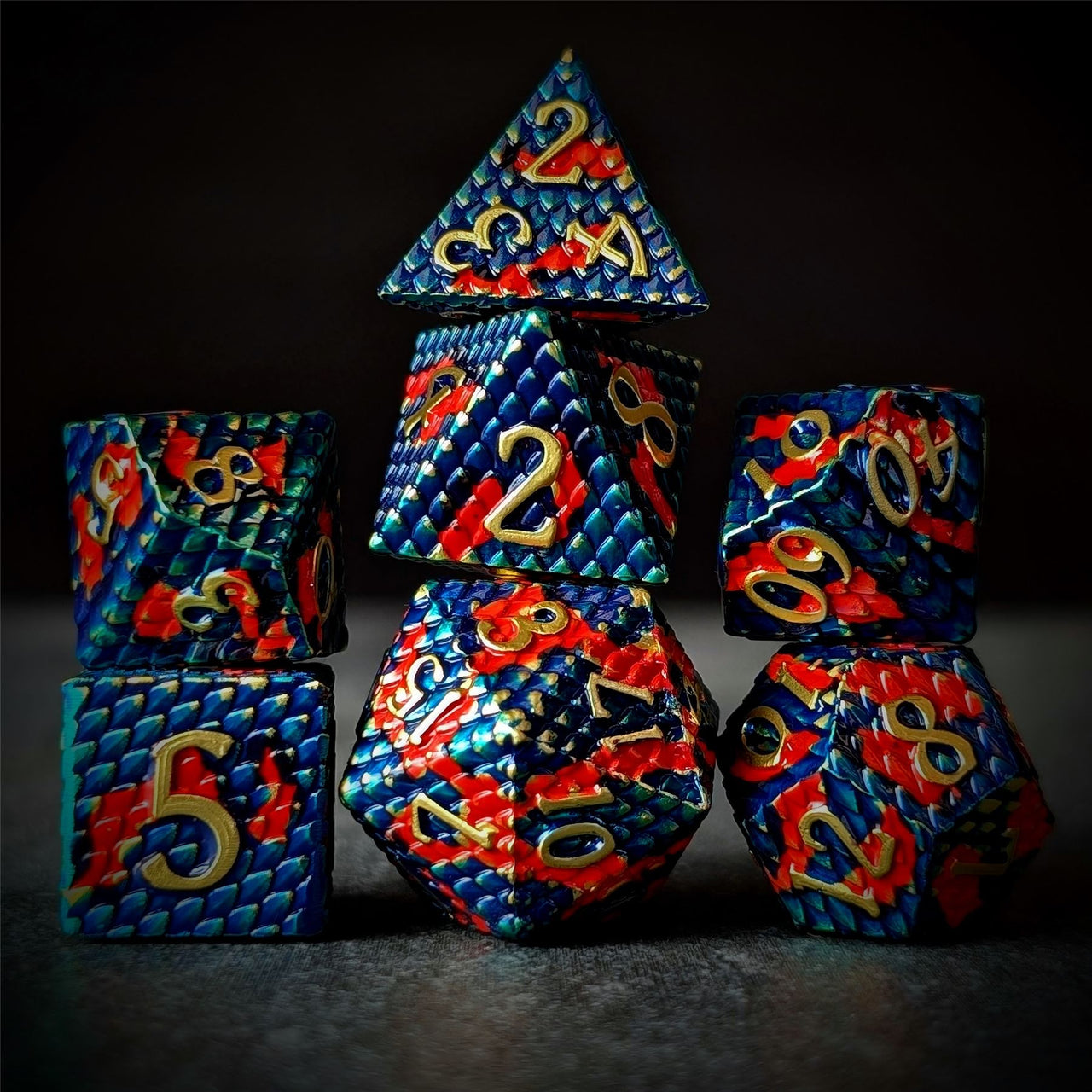 Red & Blue Dragon Scale Metal - 7pcs RPG Dice Set