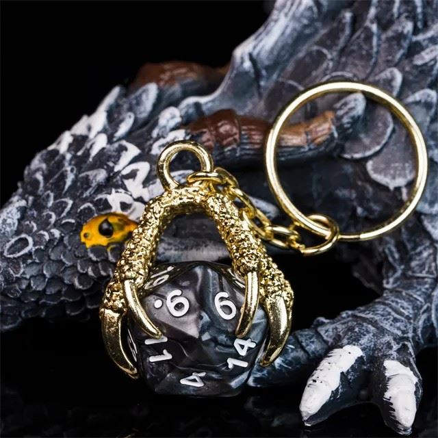 Black & White Acrylic in  Gold Metal Claw - D20 Keyring