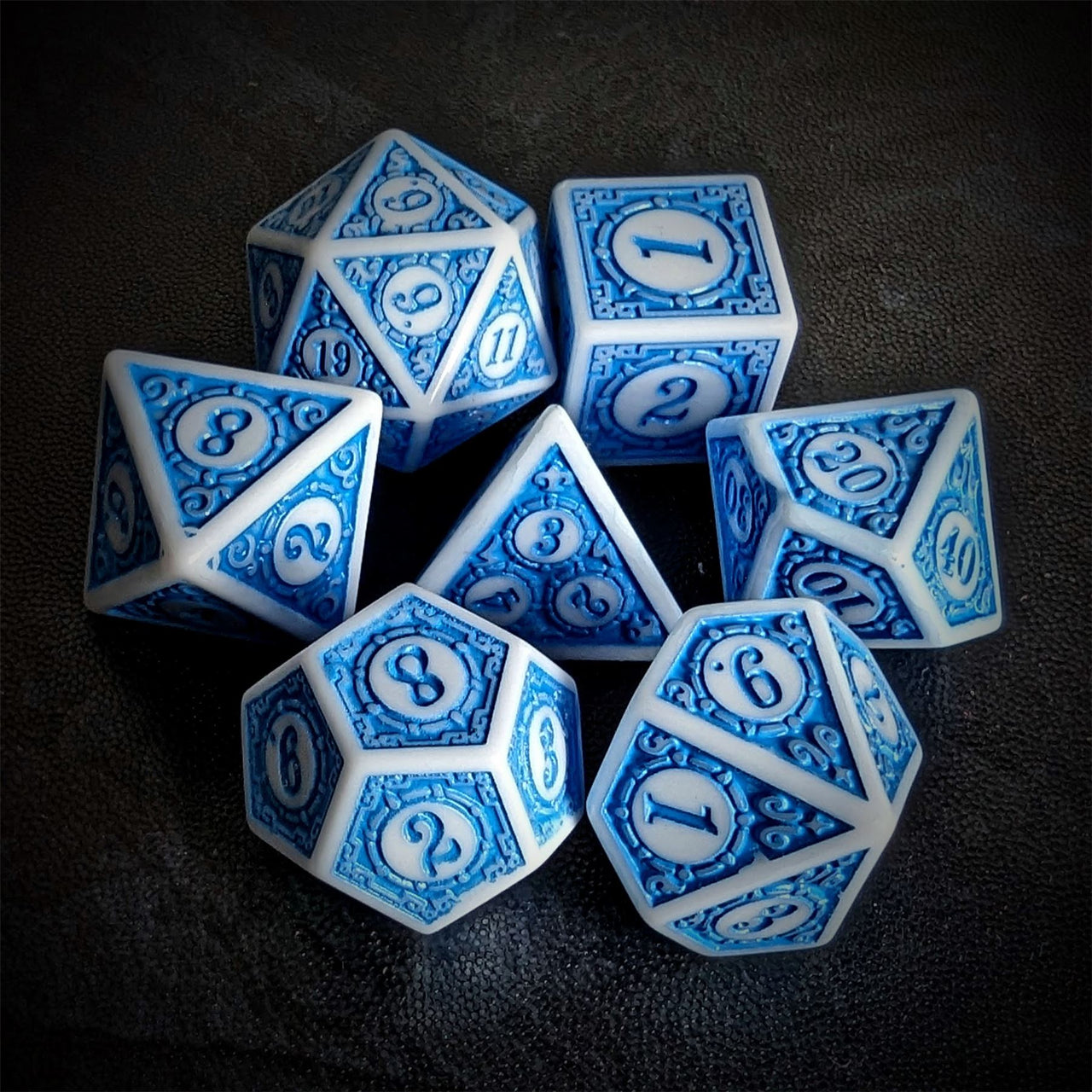 Blue Lattice on White Acrylic - 7pcs RPG Full Dice Set Top