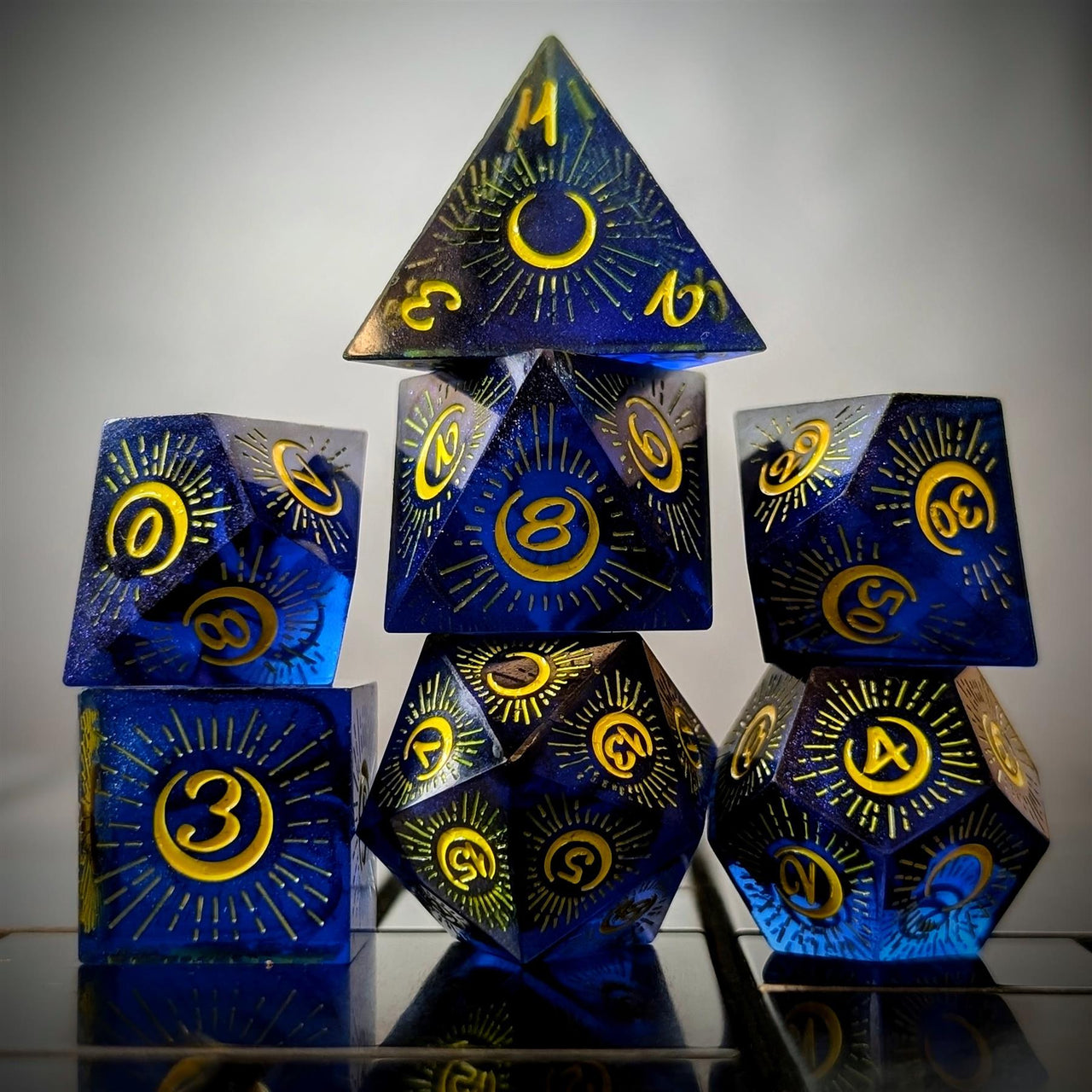 Moon on Blue with Black Swirl Sharp Resin - 7pcs RPG Dice Set