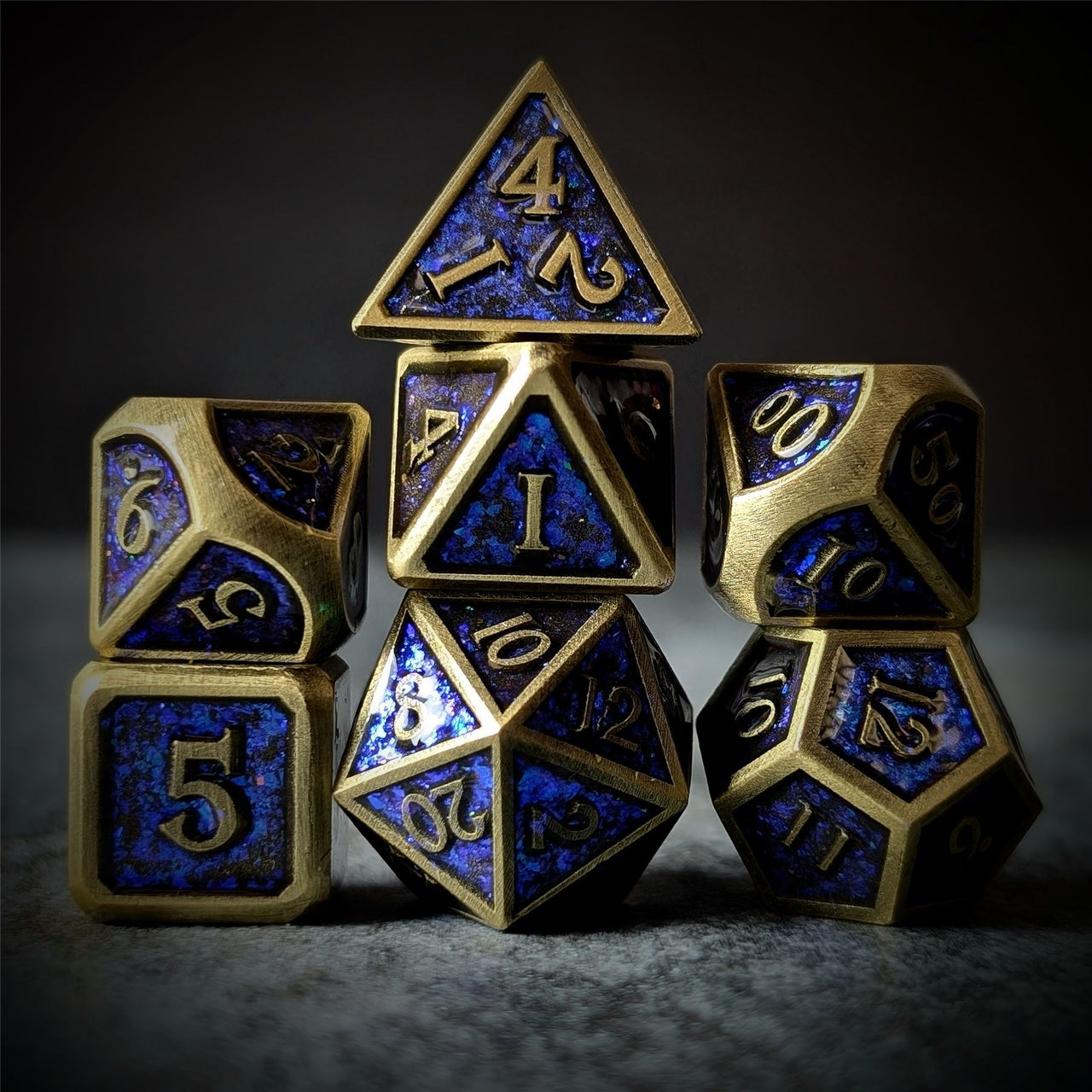 Glitter Blue Enamel in Bronze Metal - 7pcs RPG Dice Set