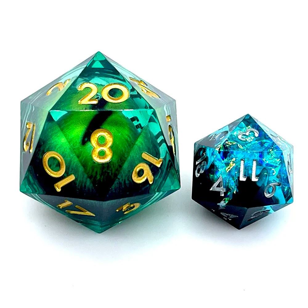 Green Lizard Eye in Green & Clear Liquid Sharp Resin - D20 RPG Dice