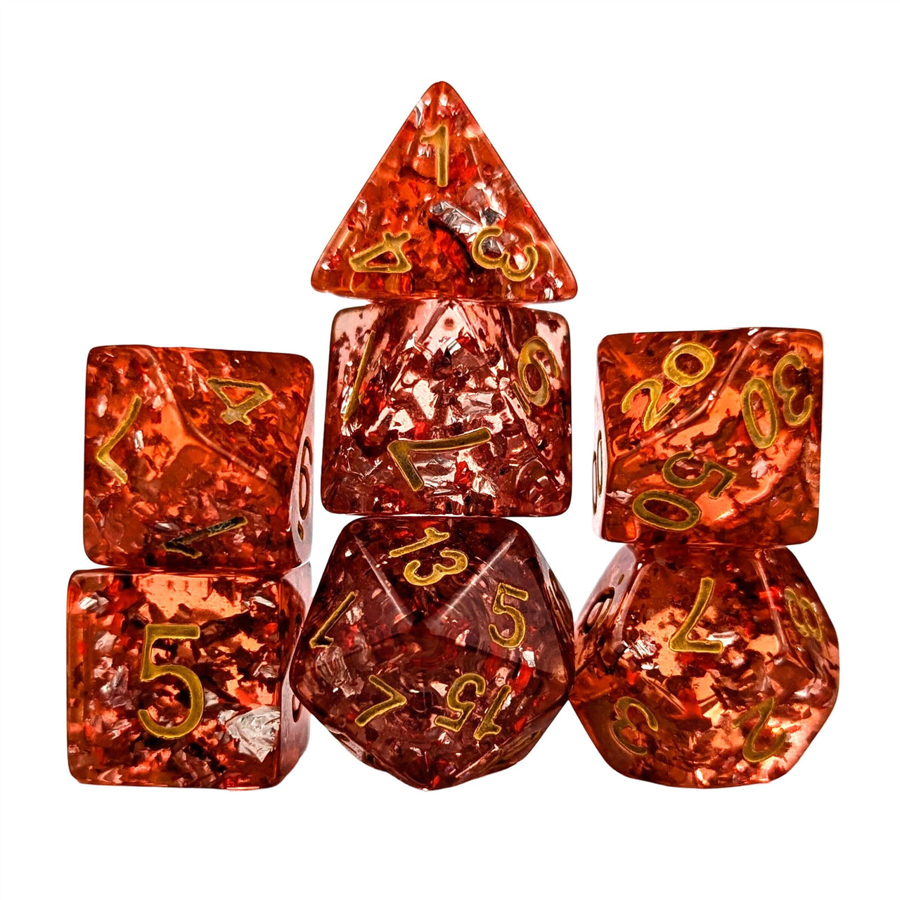 Silver Foil in Clear & Red Resin - 7pcs RPG Full Dice Set