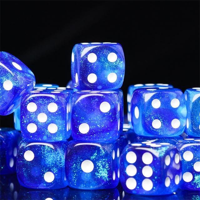 16mm Blue Acrylic with Glitter - 6pcs D6 RPG Dice Set