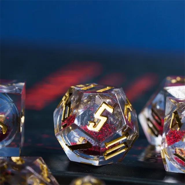 Red Glitter in Clear Liquid Filled Sharp Resin - 7pcs RPG Dice Set