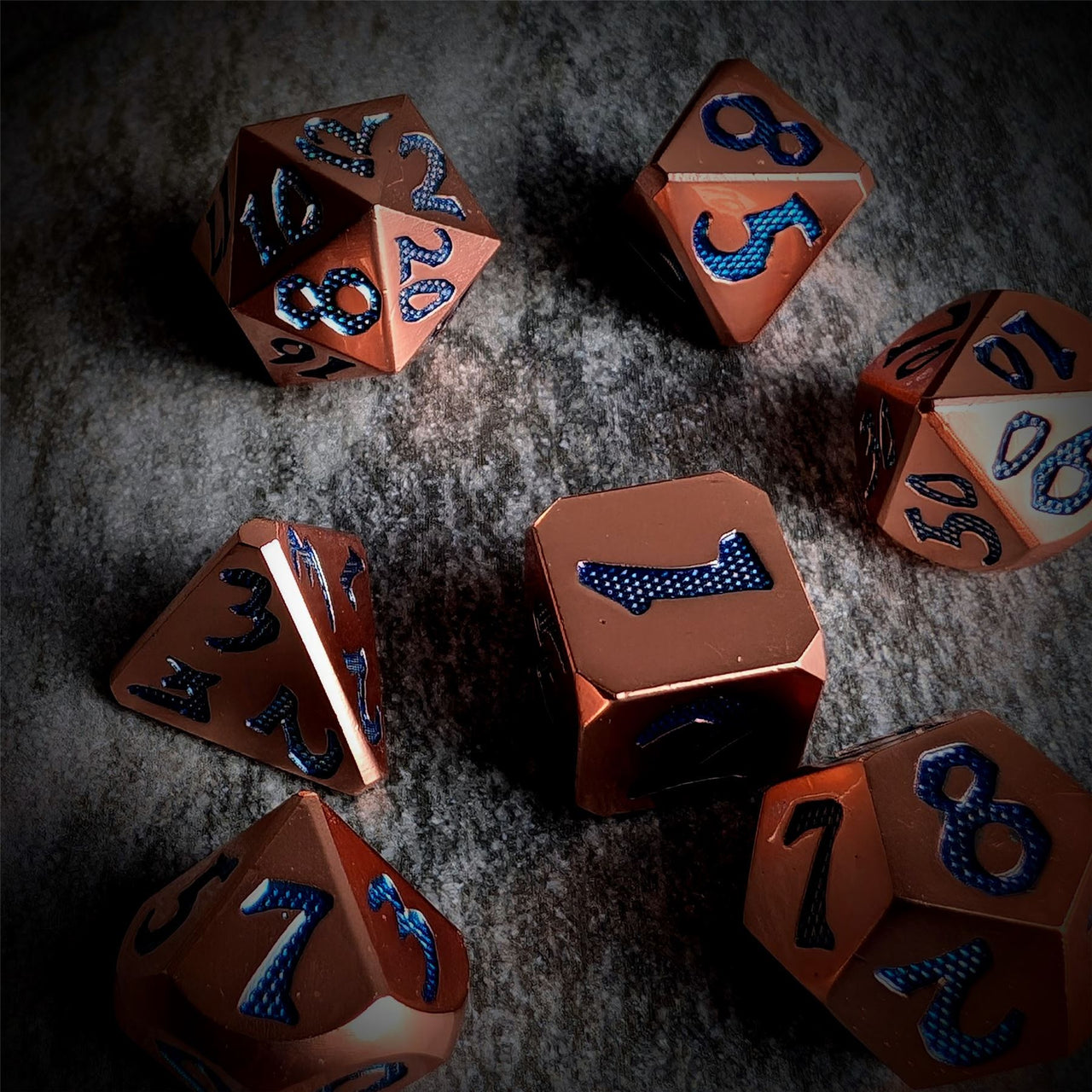 Blue Font in Copper Metal - 7pcs RPG Dice Set