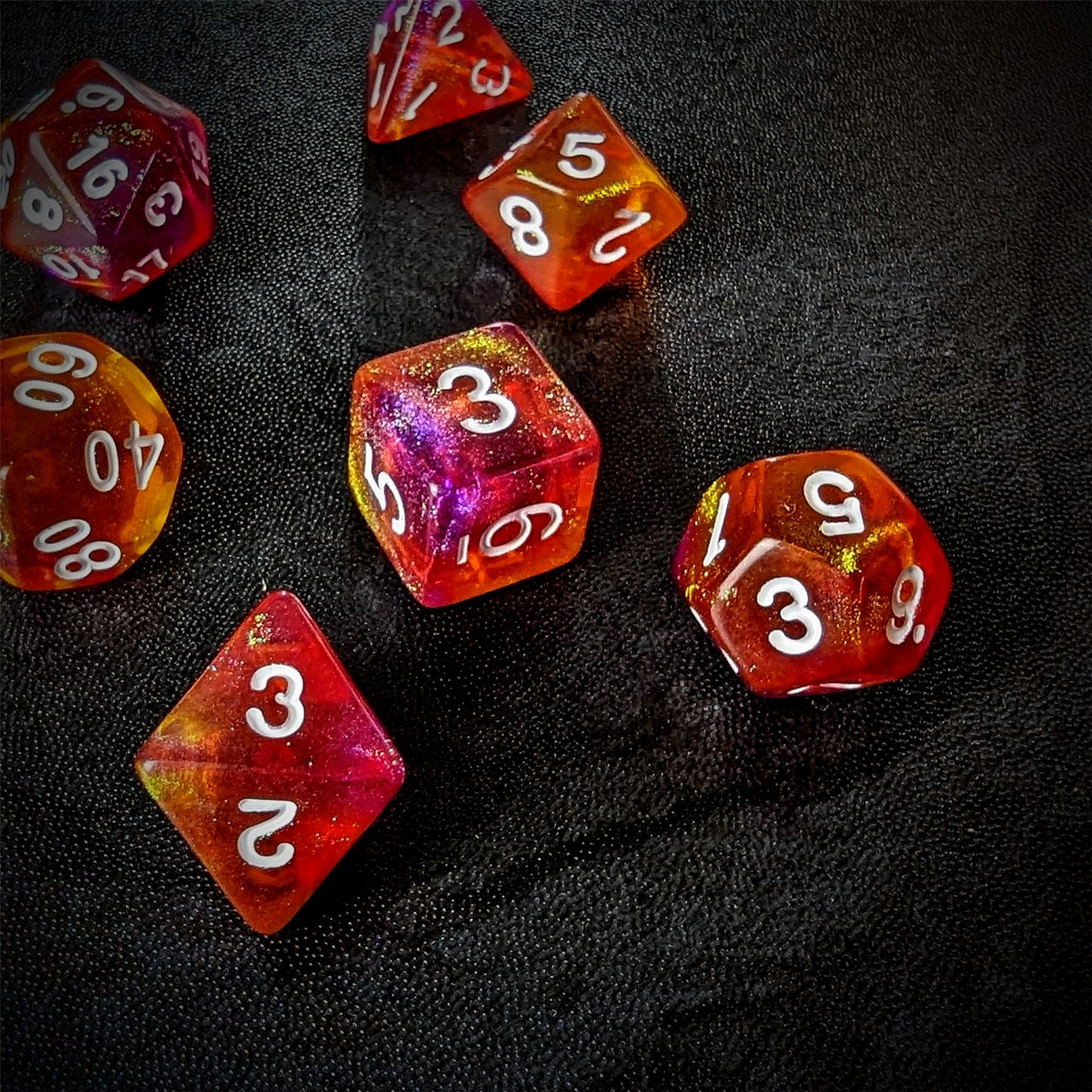 Glitter in Orange & Pink Acrylic - 7pcs RPG Full Dice Set Scatter