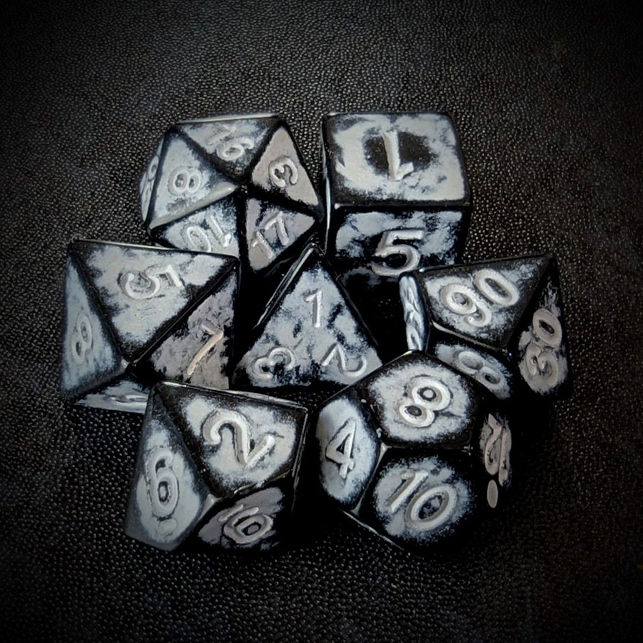 Washed White on Black Acrylic - 7pcs RPG Full Dice Set Top