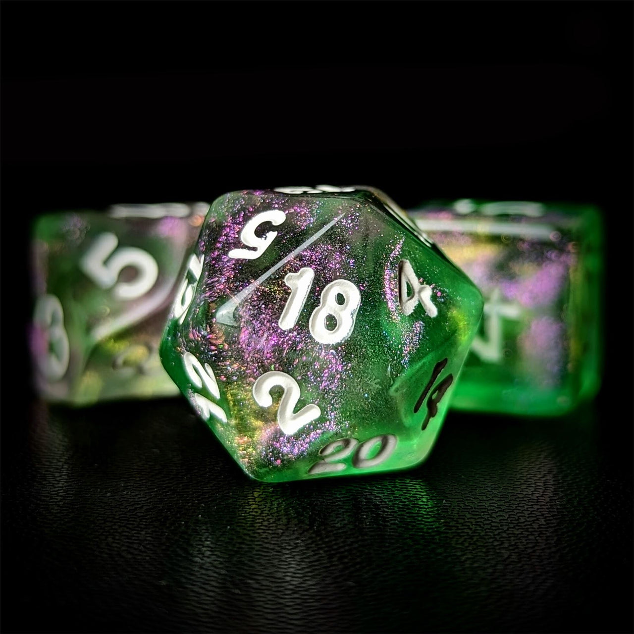 Glitter in Pink & Green in Clear Acrylic - 7pcs RPG Full Dice Set Close