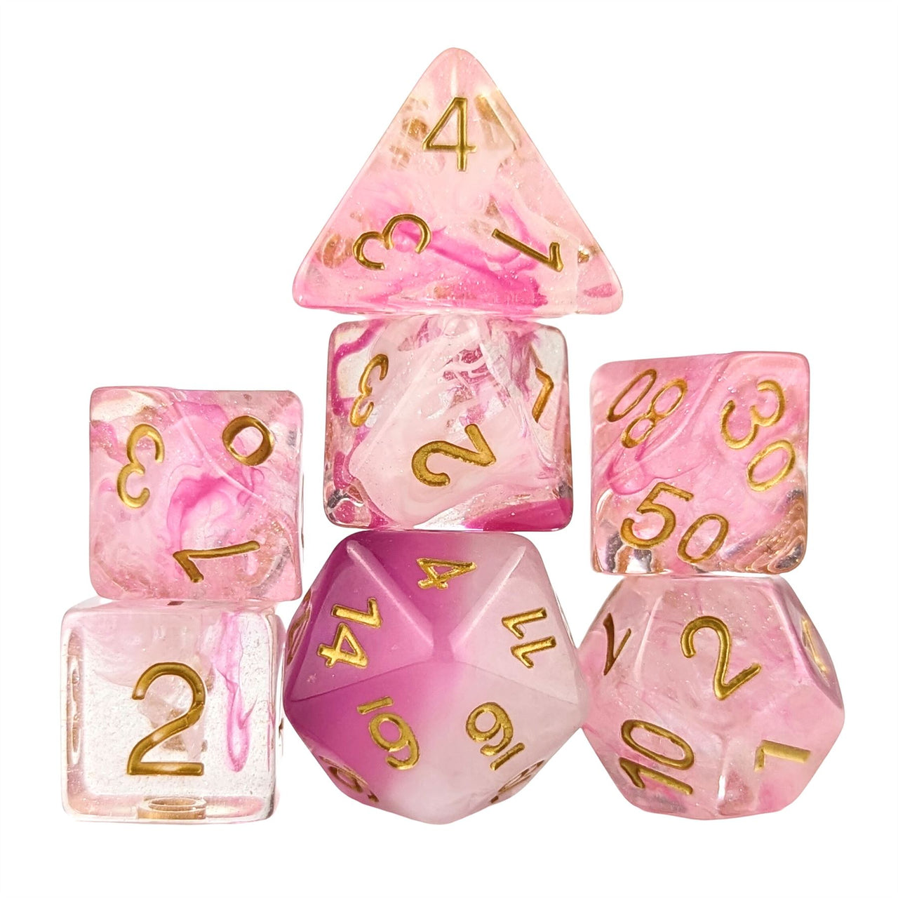 Pink & White Swirl in Clear Resin - 7pcs RPG Full Dice Set