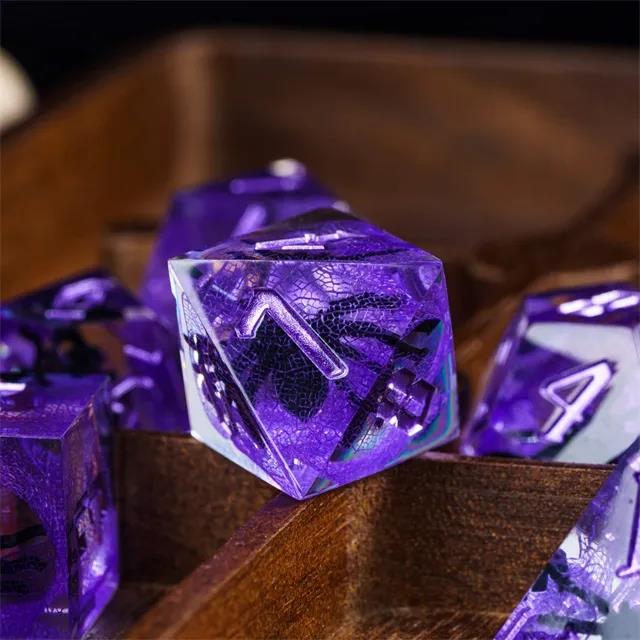 Spider in Clear & Purple Filled Sharp Resin - 7pcs RPG Dice Set