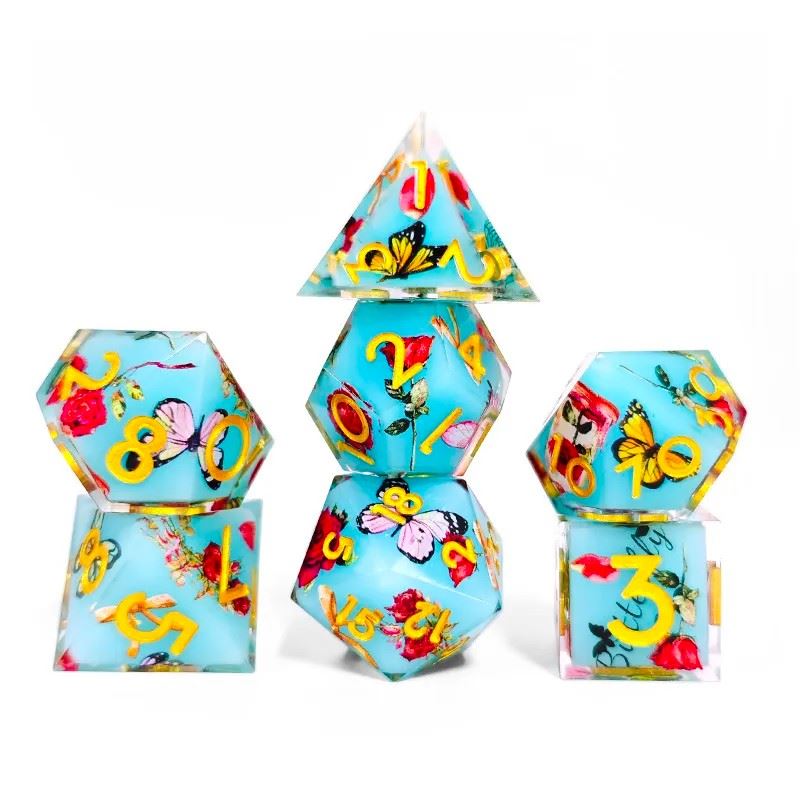 Butterfly & Flower in Blue Filled Sharp Resin - 7pcs RPG Dice Set