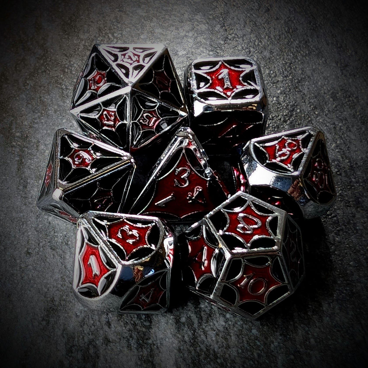 Red & Black Spider's Web in Silver Metal - 7pcs RPG Dice Set