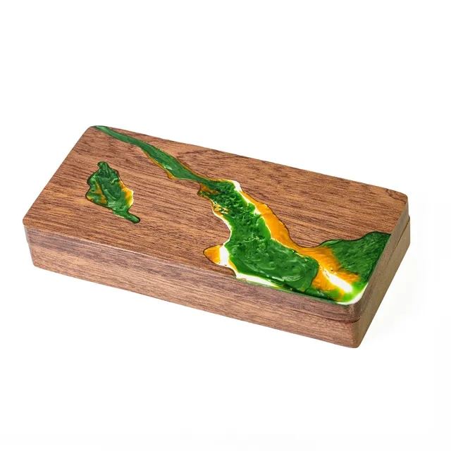 Green, Yellow & White Resin on Sapele Wood - Magnetic Dice Storage