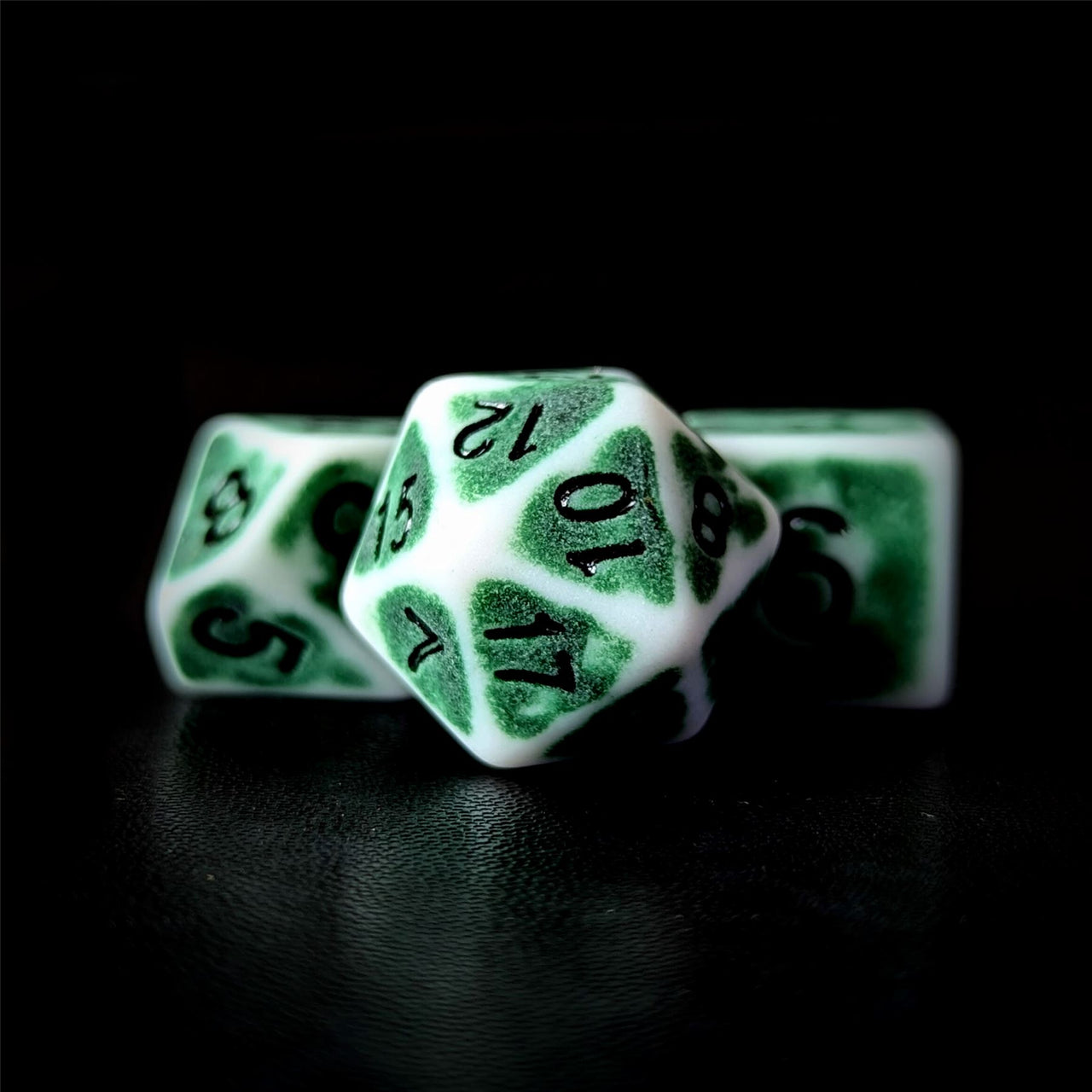 Washed Green on White Acrylic - 7pcs RPG Full Dice Set Close