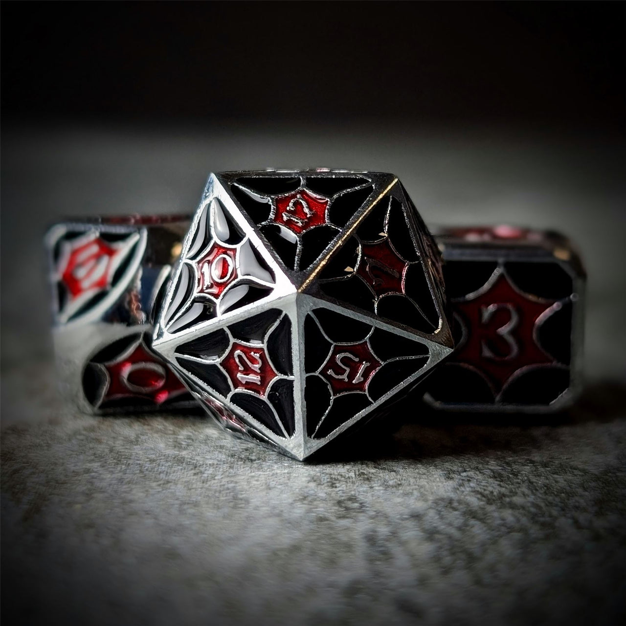 Red & Black Spider's Web in Silver Metal - 7pcs RPG Dice Set