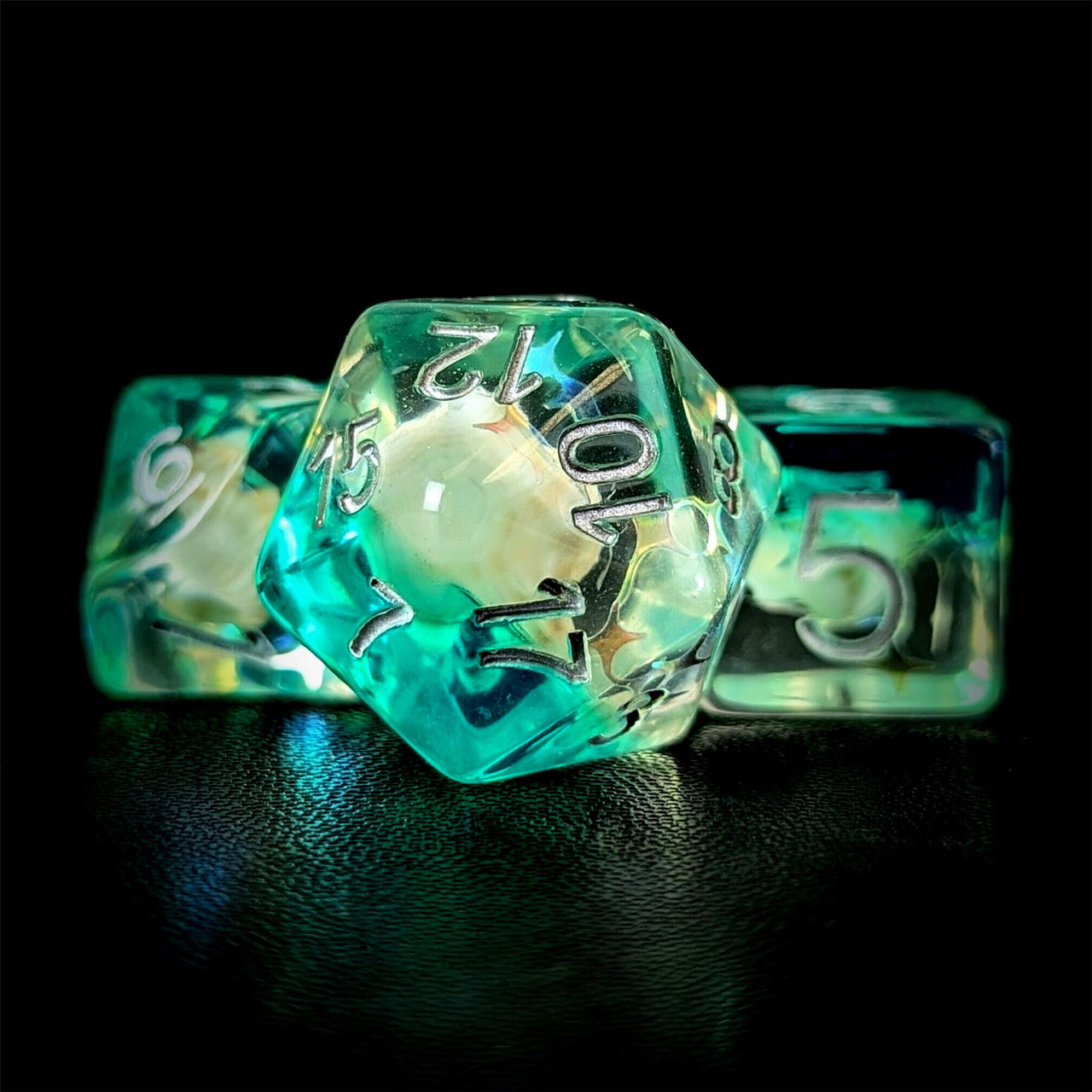 Shell in Clear & Teal Resin - 7pcs RPG Full Dice Set