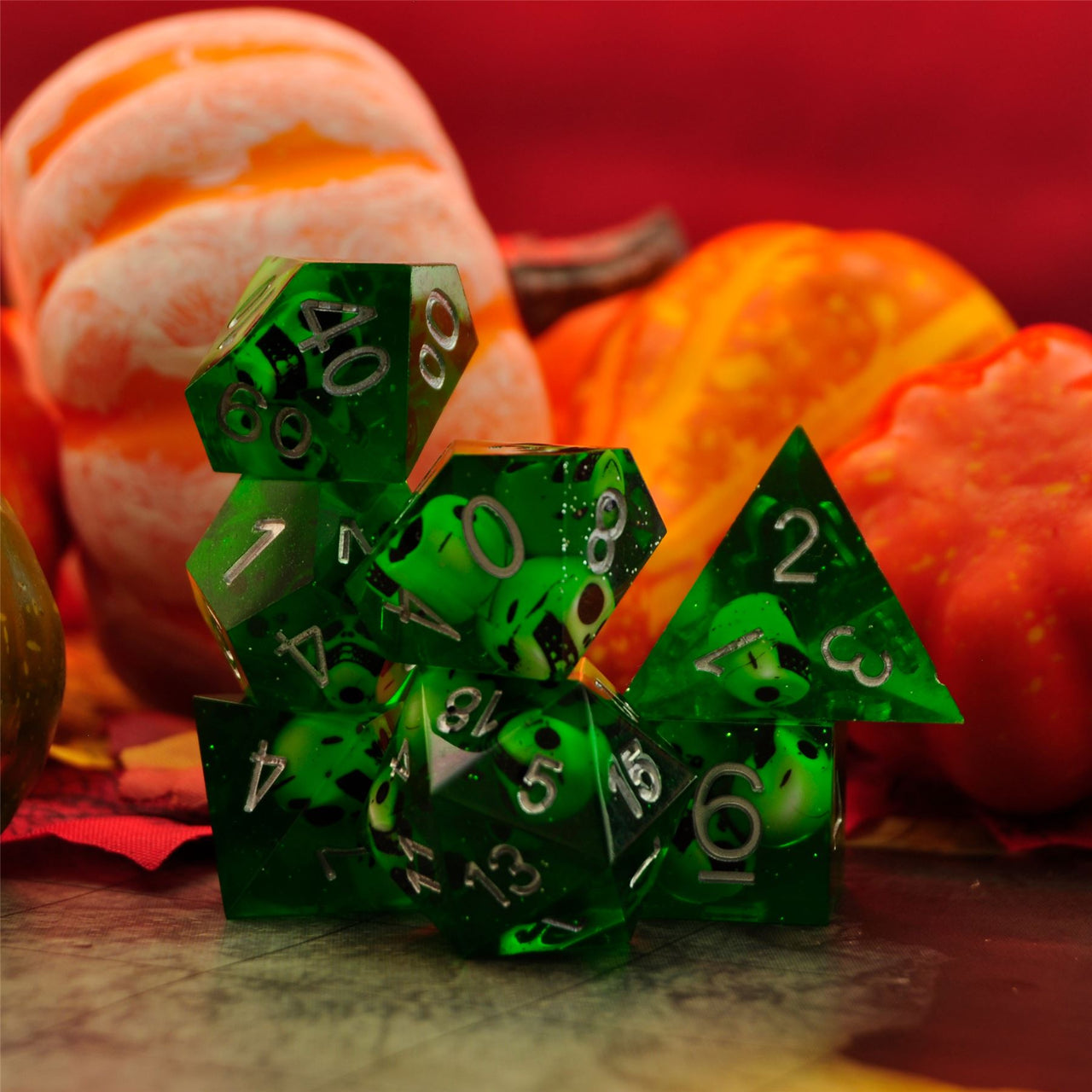 Skull in Green Filled Sharp Resin - 7pcs RPG Dice Set