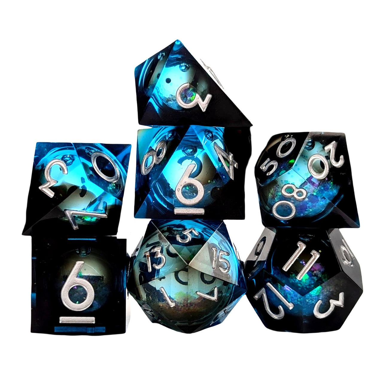 7pcs Dice Sharp Filled Liquid White Font Black Blue
