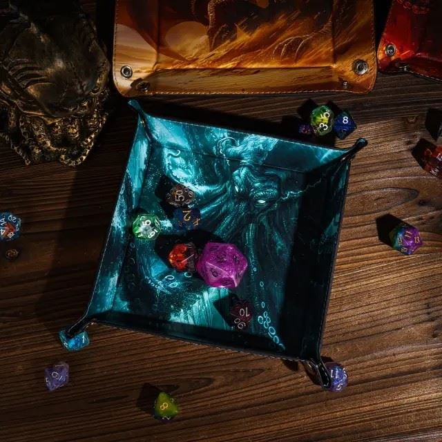 Cthulu on Green PU Leather - Square Hard Dice Tray