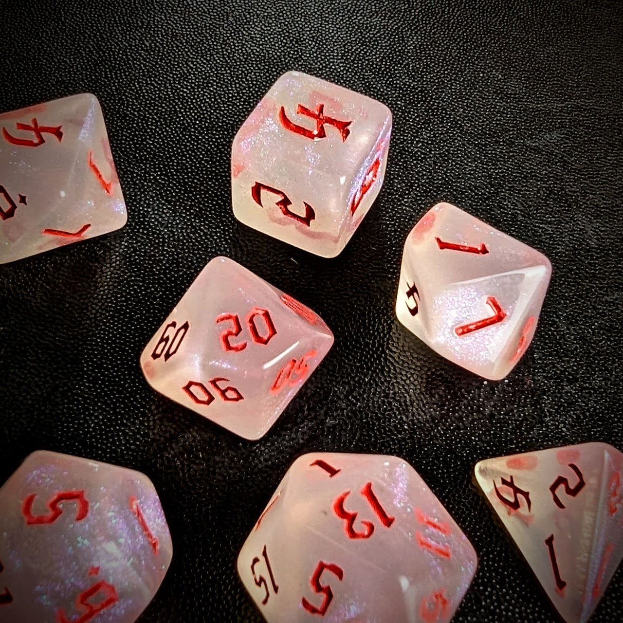 Glitter in White Acrylic with Red Font - 7pcs RPG Full Dice Set Scatter