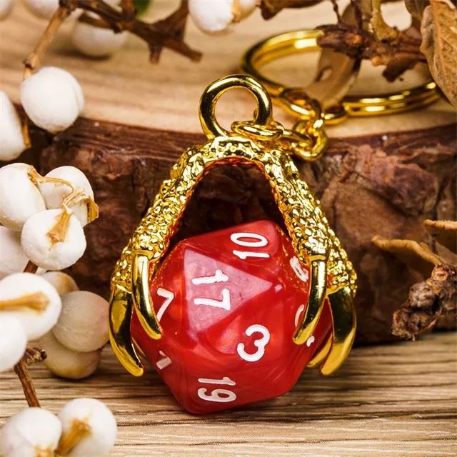 Red & Gold Acrylic in Metal Claw - D20 Keyring