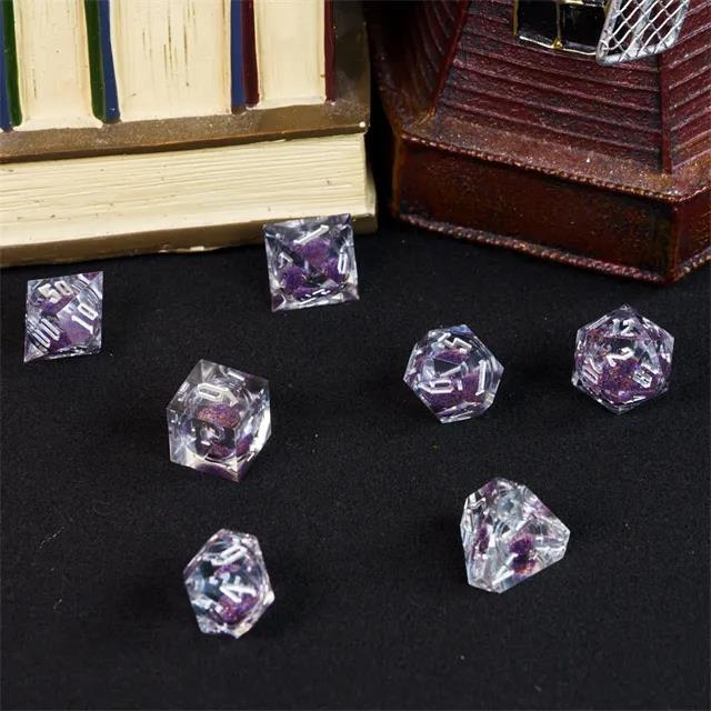 Purple Glitter in Clear Liquid Filled Sharp Resin - 7pcs RPG Dice Set