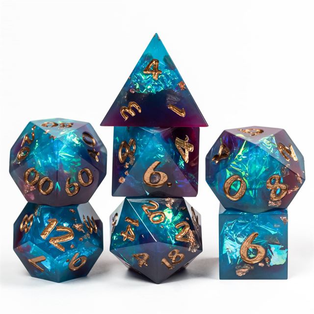 Candy in Blue & Purple with Copper Foil Sharp Resin - 7pcs RPG Dice Set